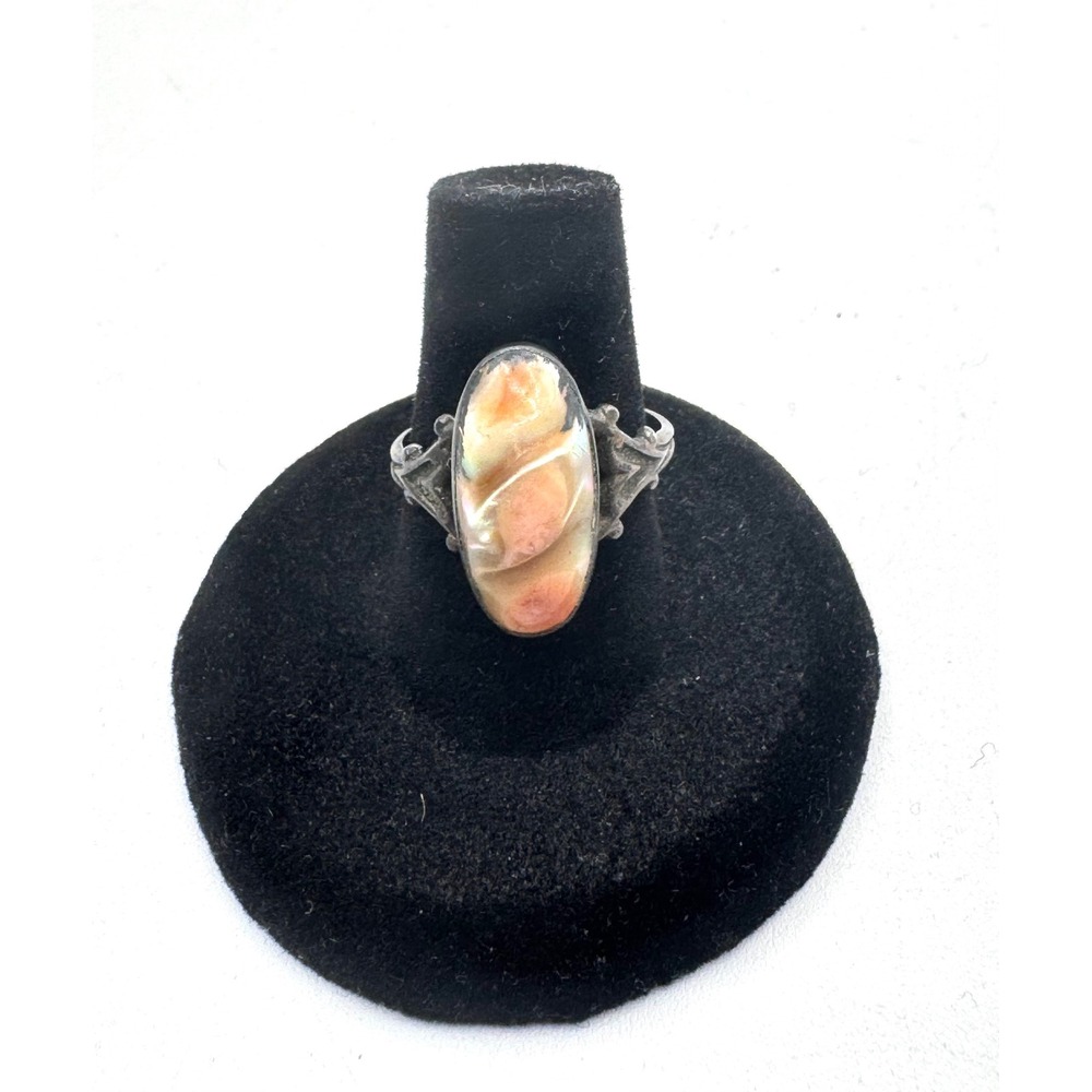 Vintage Sterling Silver Abalone Shell Ring Pink Swirl Gothic Filigree Size 6.5